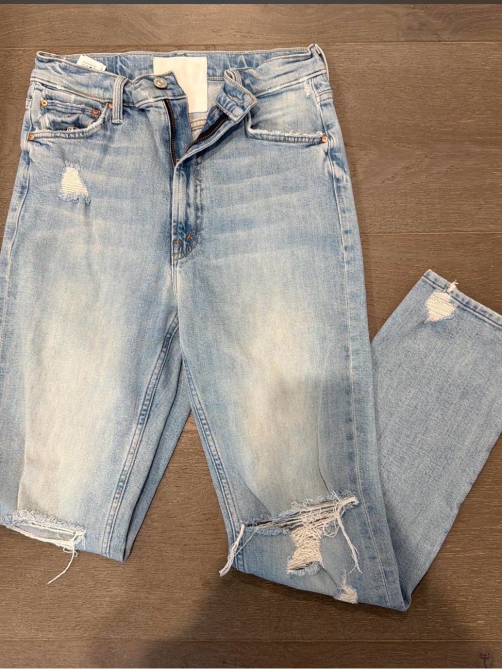 MOTHER The Rider Skimp High-Rise Light Blue Distressed Jeans